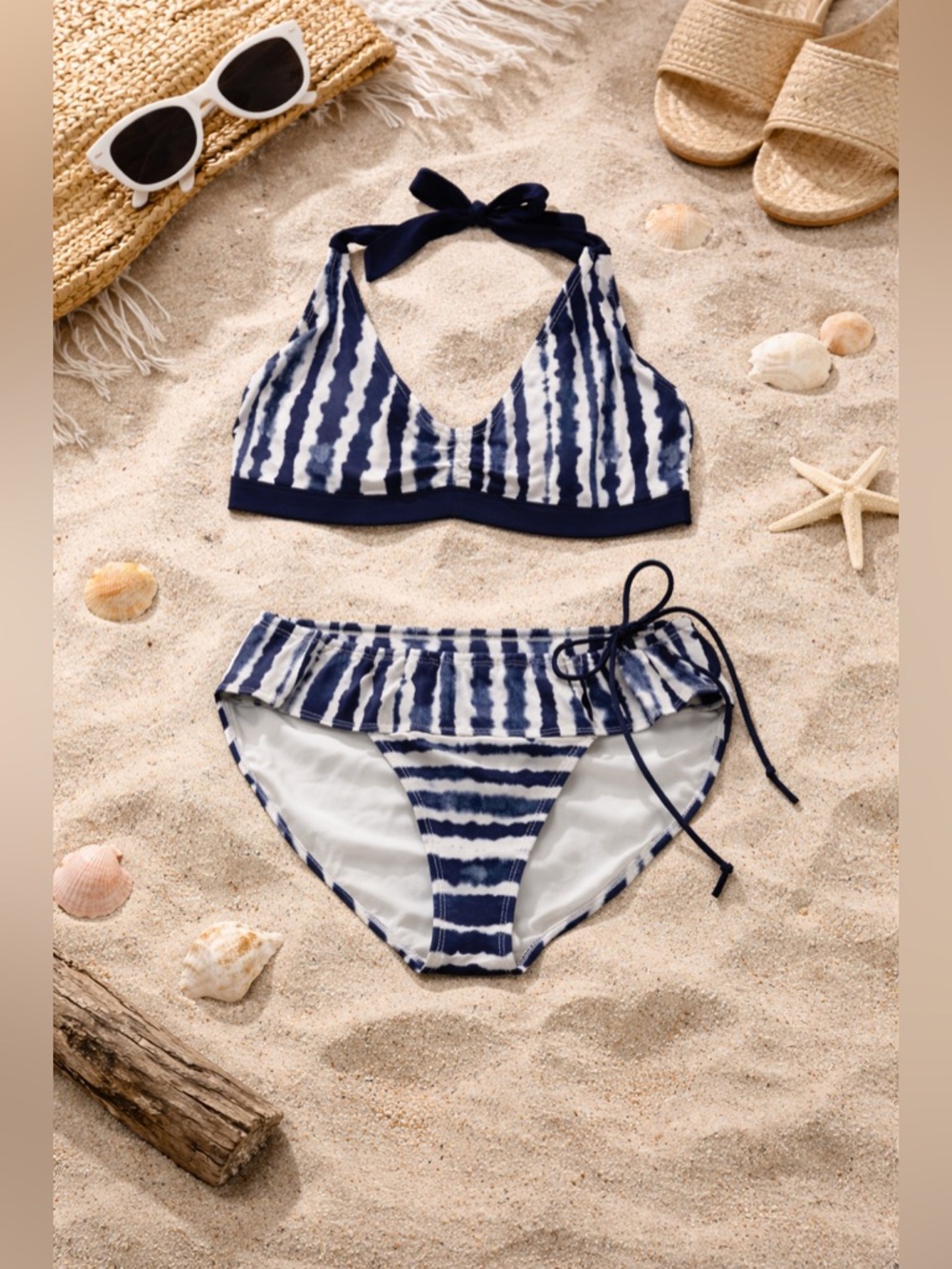 Athleta Wave Break Tie Dye Bikini Set XS Blue White Halter Swim Coastal Beach